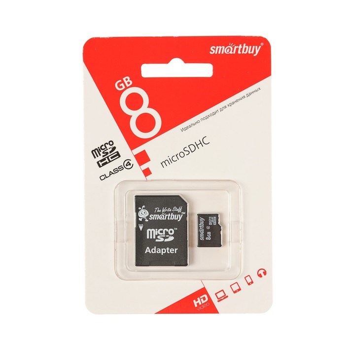 Карта памяти Smartbuy microSD, 8 Гб, SDHC, класс 4, с адаптером SD - фото 51363411