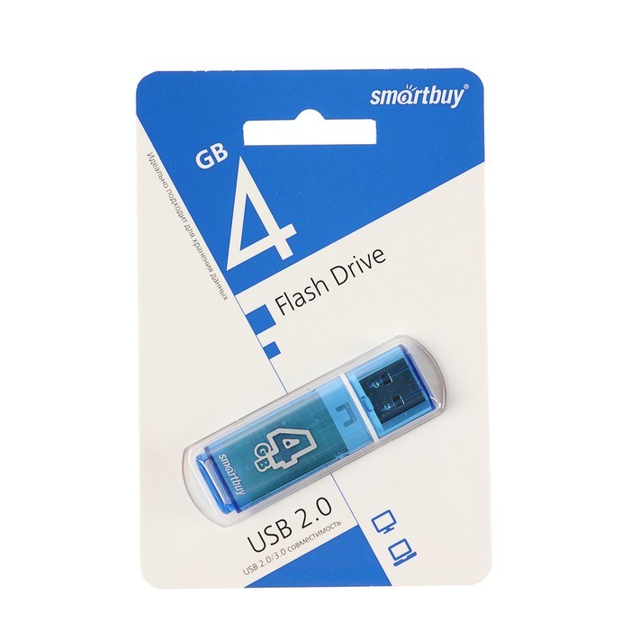 Флешка Smartbuy Glossy, 4 Гб, USB2.0, чт до 25 Мб/с, зап до 15 Мб/с, синяя - фото 51363568