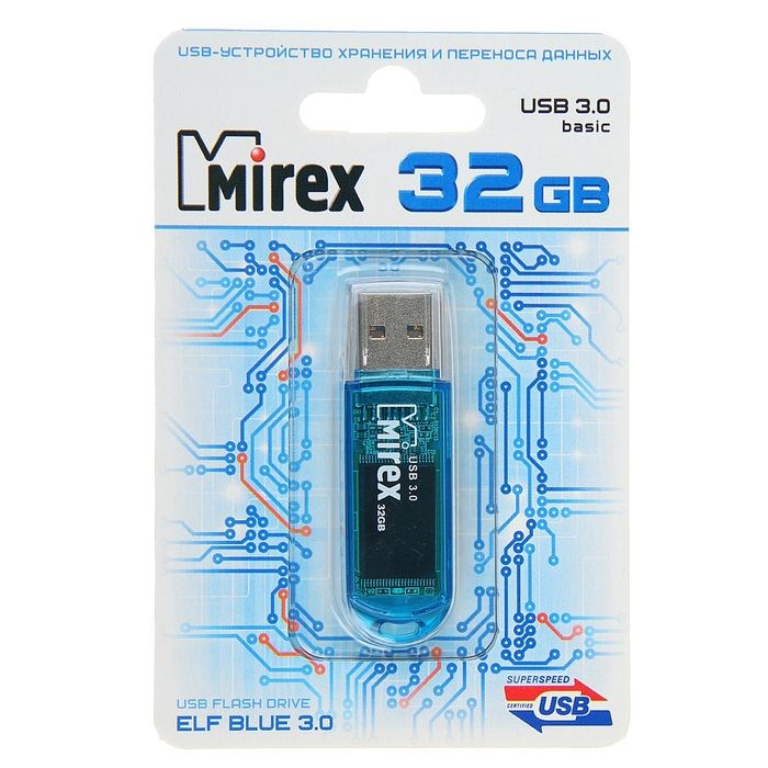 Флешка Mirex ELF BLUE, 32 Гб, USB3.0, чт до 140 Мб/с, зап до 40 Мб/с, голубая - фото 51363943