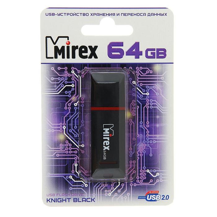 Флешка Mirex KNIGHT BLACK, 64 Гб, USB2.0, чт до 25 Мб/с, зап до 15 Мб/с, черная - фото 51363946