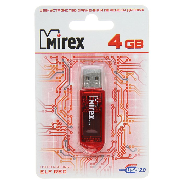 Флешка Mirex ELF RED, 4 Гб, USB2.0, чт до 25 Мб/с, зап до 15 Мб/с, красная - фото 51363951