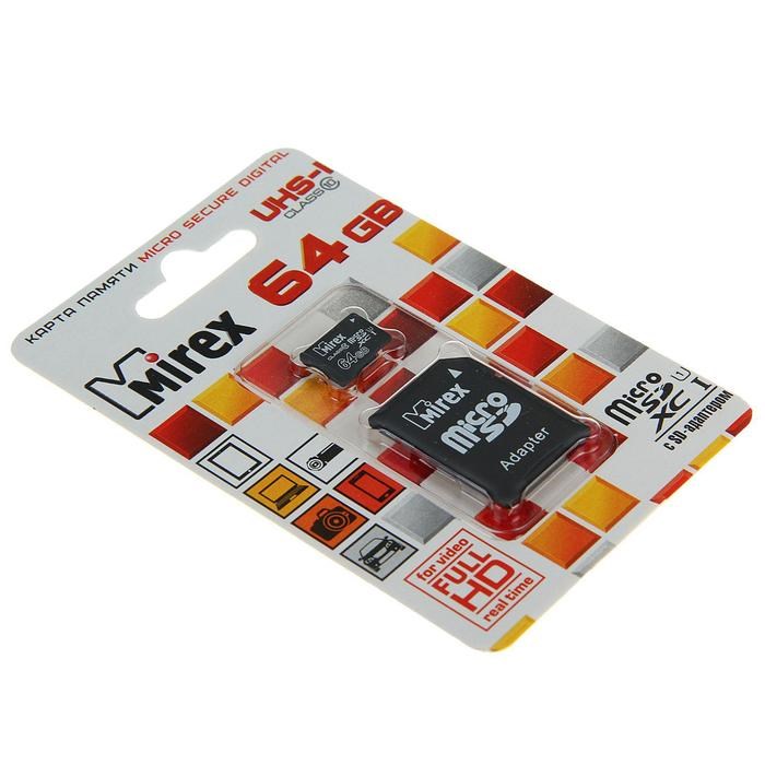 Карта памяти Mirex microSD, 64 Гб, SDXC, UHS-I, класс 10, с адаптером SD - фото 51364024