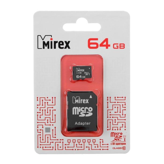 Карта памяти Mirex microSD, 64 Гб, SDXC, UHS-I, класс 10, с адаптером SD - фото 51364027