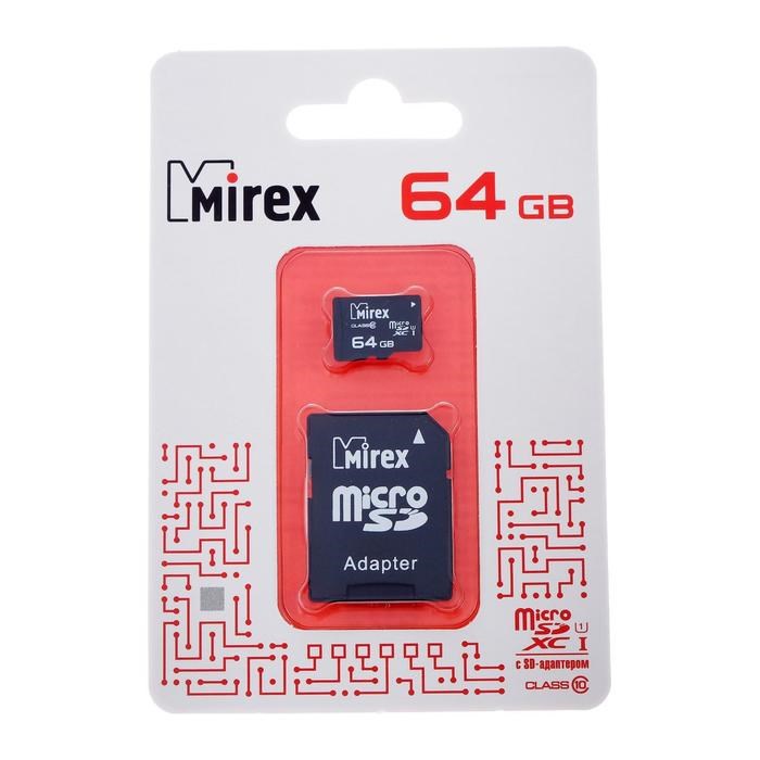 Карта памяти Mirex microSD, 64 Гб, SDXC, UHS-I, класс 10, с адаптером SD - фото 51364030