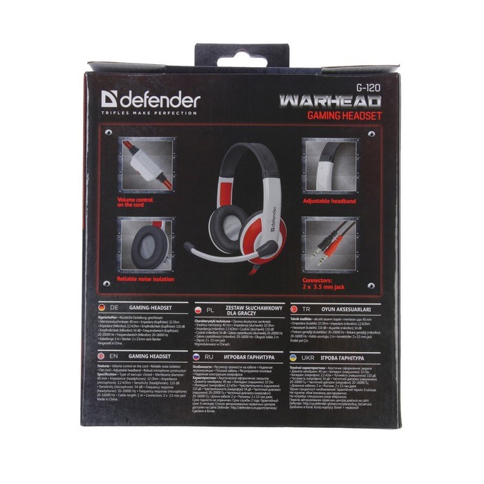 Наушники Defender Warhead G-120, игровые, полноразмерные, микрофон, 3.5мм, 2 м,черно-красные - фото 51364691