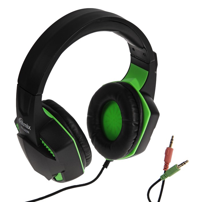 Наушники Ritmix RH-560M Gaming, игровые, полноразмерные,микрофон,3.5мм, 1.8 м, черно-зеленые - фото 51364955