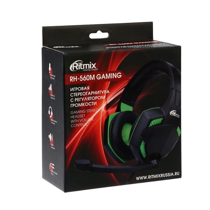 Наушники Ritmix RH-560M Gaming, игровые, полноразмерные,микрофон,3.5мм, 1.8 м, черно-зеленые - фото 51364960
