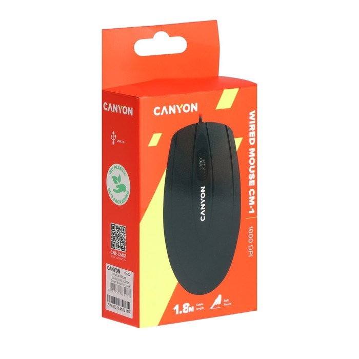 Мышь Canyon CNE-CMS1, проводная, оптическая, 1000 dpi, 3 кнопки, USB, чёрная - фото 51364994