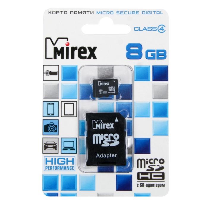 Карта памяти Mirex microSD, 8 Гб, SDHC, класс 4, с адаптером SD - фото 51364999