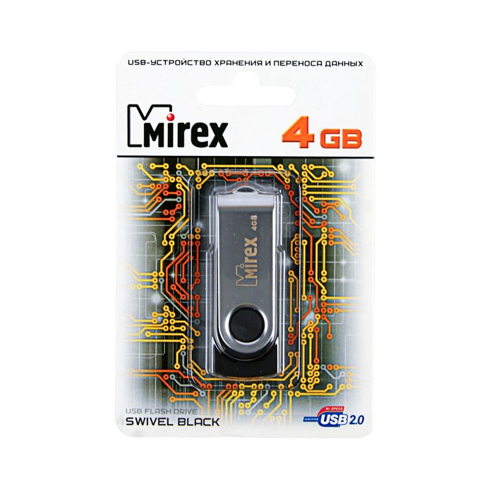 Флешка Mirex SWIVEL BLACK, 4 Гб, USB2.0, чт до 25 Мб/с, зап до 15 Мб/с, черная - фото 51365041