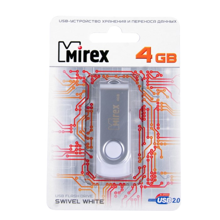 Флешка Mirex SWIVEL WHITE, 4 Гб, USB2.0, чт до 25 Мб/с, зап до 15 Мб/с, белая - фото 51365047