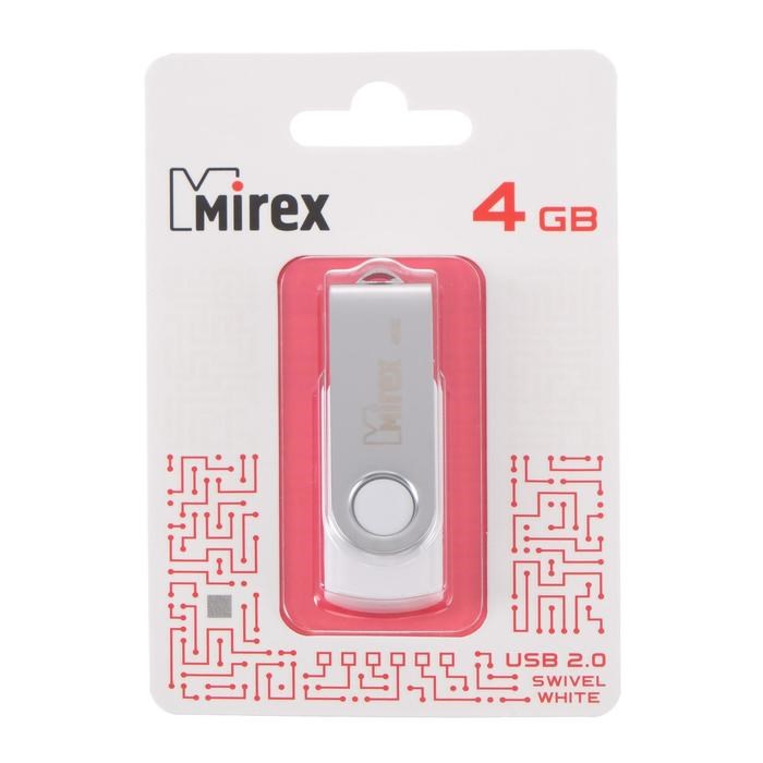 Флешка Mirex SWIVEL WHITE, 4 Гб, USB2.0, чт до 25 Мб/с, зап до 15 Мб/с, белая - фото 51365049