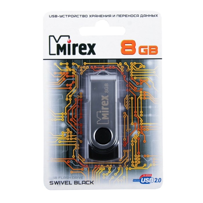 Флешка Mirex SWIVEL BLACK, 8 Гб, USB2.0, чт до 25 Мб/с, зап до 15 Мб/с, черная - фото 51365068