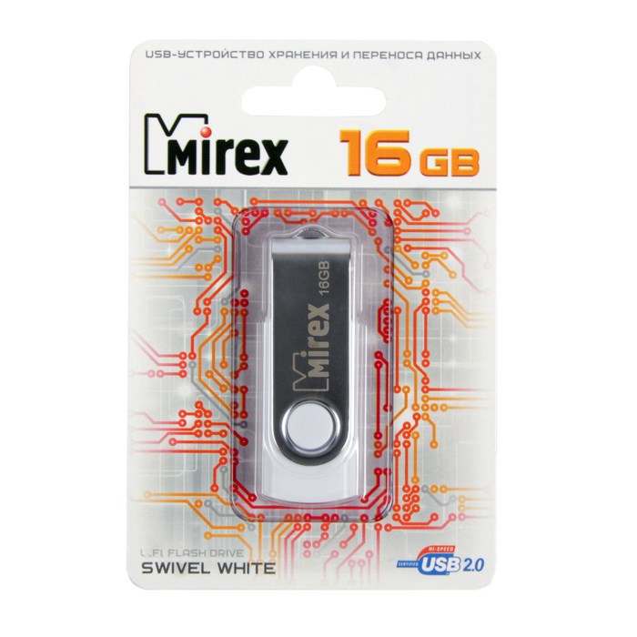 Флешка Mirex SWIVEL WHITE, 16 Гб, USB2.0, чт до 25 Мб/с, зап до 15 Мб/с, белая - фото 51365108