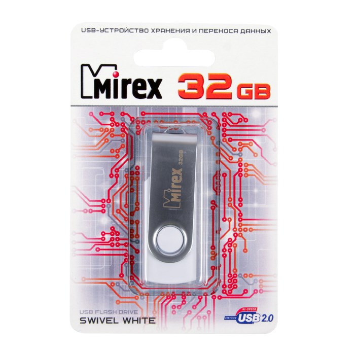 Флешка Mirex SWIVEL WHITE, 32 Гб, USB2.0, чт до 25 Мб/с, зап до 15 Мб/с, белая - фото 51365125