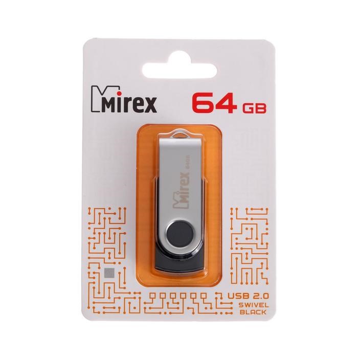 Флешка Mirex SWIVEL BLACK, 64 Гб, USB2.0, чт до 25 Мб/с, зап до 15 Мб/с, цвет черный-серый - фото 51366969