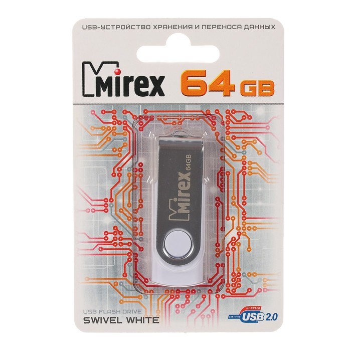 Флешка Mirex SWIVEL WHITE, 64 Гб, USB2.0, чт до 25 Мб/с, зап до 15 Мб/с,  белый-серый - фото 51366975