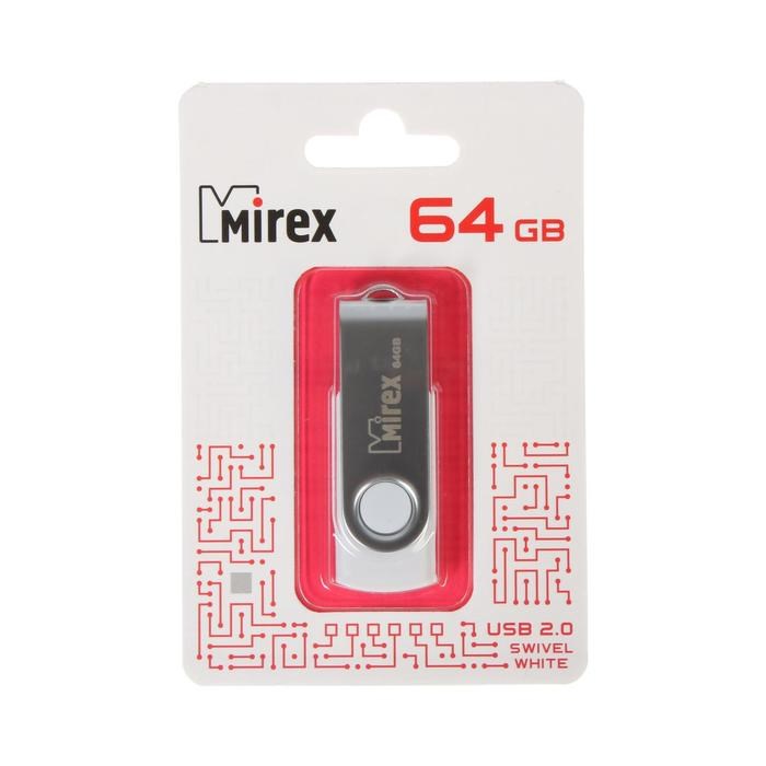 Флешка Mirex SWIVEL WHITE, 64 Гб, USB2.0, чт до 25 Мб/с, зап до 15 Мб/с,  белый-серый - фото 51366977