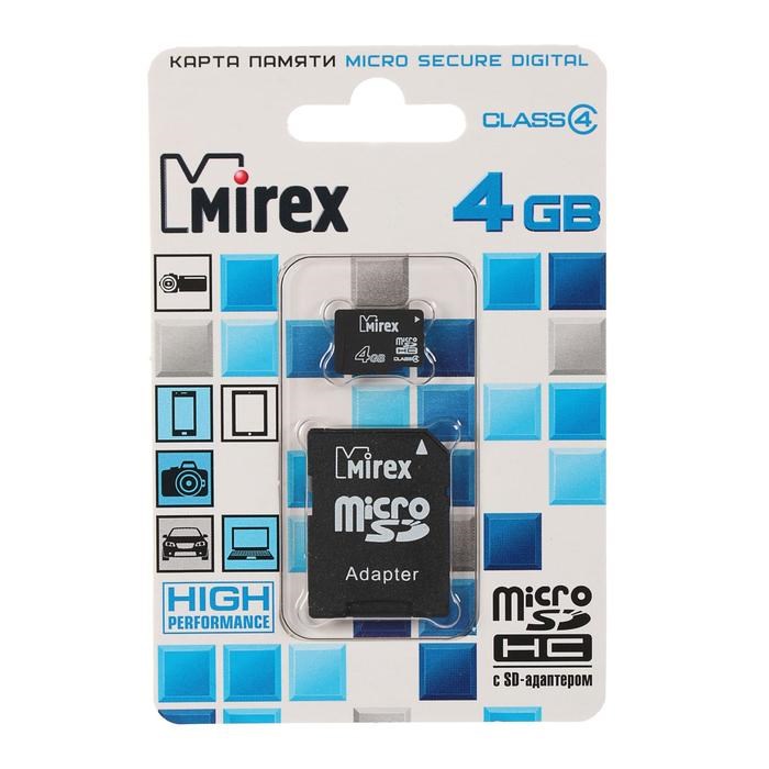 Карта памяти Mirex microSD, 4 Гб, SDHC, класс 4, с адаптером SD - фото 51366981