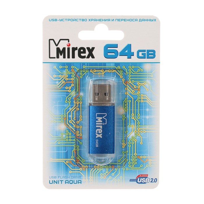 Флешка Mirex UNIT AQUA, 64 Гб, USB2.0, чт до 25 Мб/с, зап до 15 Мб/с, синяя - фото 51366989