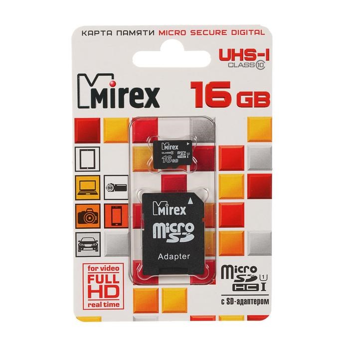 Карта памяти Mirex microSD, 16 Гб, SDHC, UHS-I, класс 10, с адаптером SD - фото 51367020