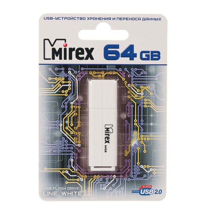 Флешка Mirex LINE WHITE, 64 Гб, USB2.0, чт до 25 Мб/с, зап до 15 Мб/с, белая - фото 51367032