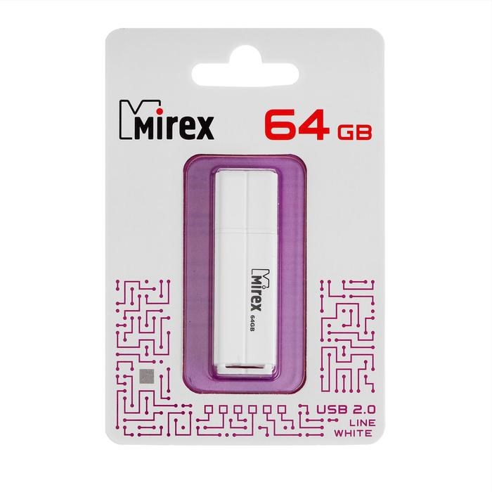 Флешка Mirex LINE WHITE, 64 Гб, USB2.0, чт до 25 Мб/с, зап до 15 Мб/с, белая - фото 51367034