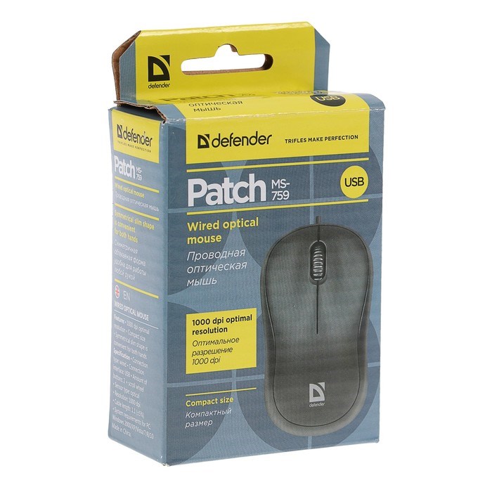 Мышь Defender Patch MS-759, проводная, оптическая, 3 кнопки, 1000 dpi, USB, чёрная - фото 51367207