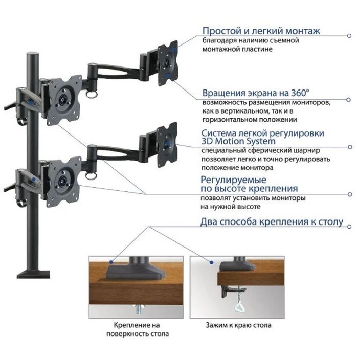 Кронштейн Kromax OFFICE-4, для 4-х мониторов, наклонно-поворотный, 15"-32",до 4х8 кг,черный - фото 51367320