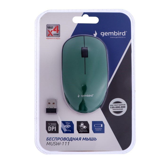 Мышь Gembird MUSW-111-GRN, беспроводная, оптическая, 1200 dpi, 2.4 ГГц, 1xAA, USB, зелёная - фото 51367646