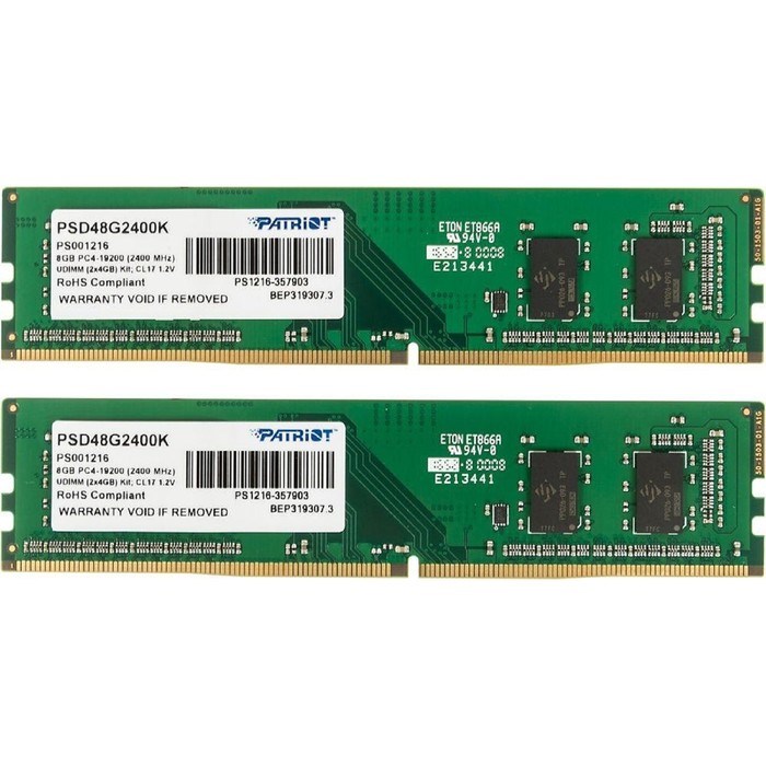 Память DDR4 Patriot PSD48G2400K, 4Гбx2, 2400 МГц, PC4-19200, DIMM - фото 51368270