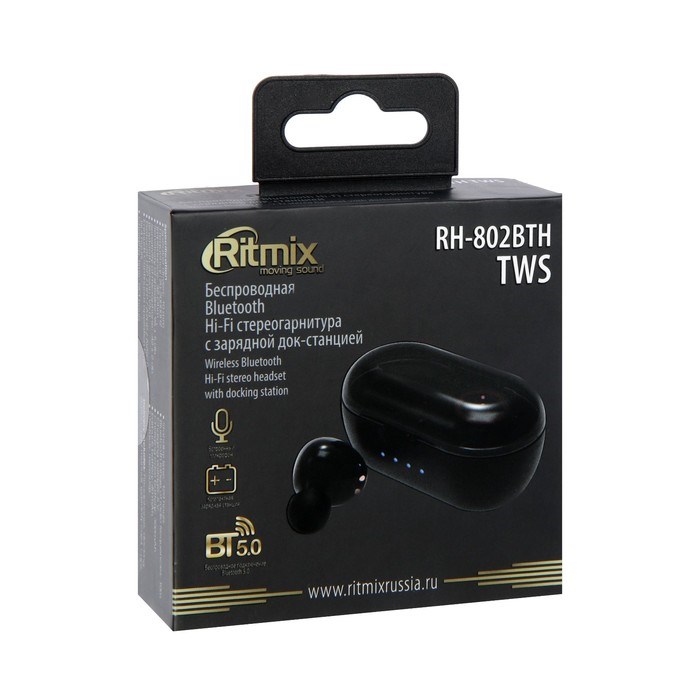 Наушники Ritmix RH-802BTH TWS, беспроводные, вакуумные, микрофон, BT 5.0, 40/300 мАч, черные - фото 51368277