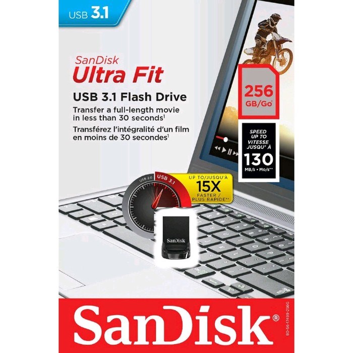 Флешка USB 3.1 SanDisk Cruzer Ultra Fit SDCZ430-256G-G46, 256Гб, чёрный - фото 51368589