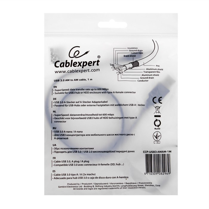 Кабель Cablexpert CCP-USB3-AMAM-1M, USB-A (male)-USB-A (male), USB 3.0, 1м, синий - фото 51371987