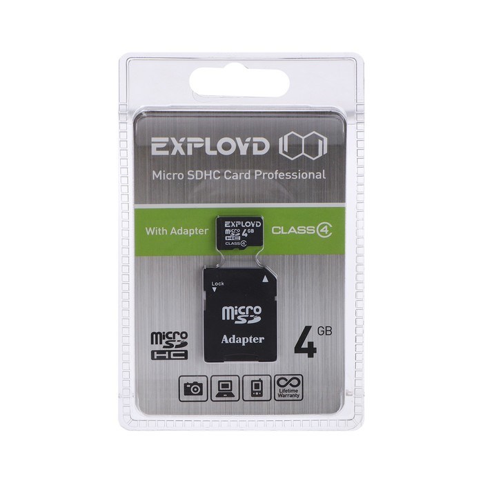 Карта памяти Exployd MicroSD, 4 Гб, SDHC, класс 4, с адаптером SD - фото 51373867