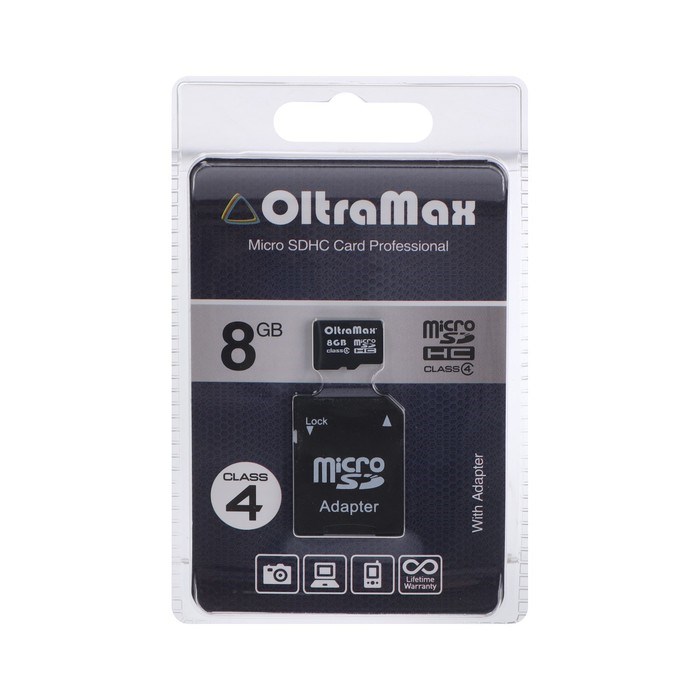 Карта памяти OltraMax MicroSD, 8 Гб, SDHC, класс 4, с адаптером SD - фото 51373873