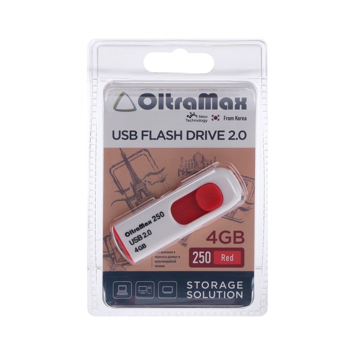 Флешка OltraMax 250, 4 Гб, USB2.0, чт до 15 Мб/с, зап до 8 Мб/с, красная - фото 51373912