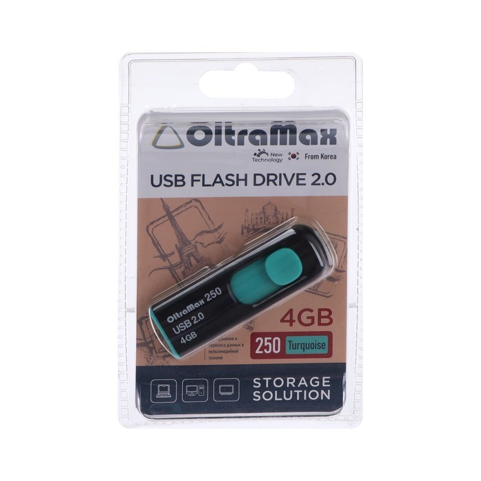 Флешка OltraMax 250, 4 Гб, USB2.0, чт до 15 Мб/с, зап до 8 Мб/с, бирюзовая - фото 51373916