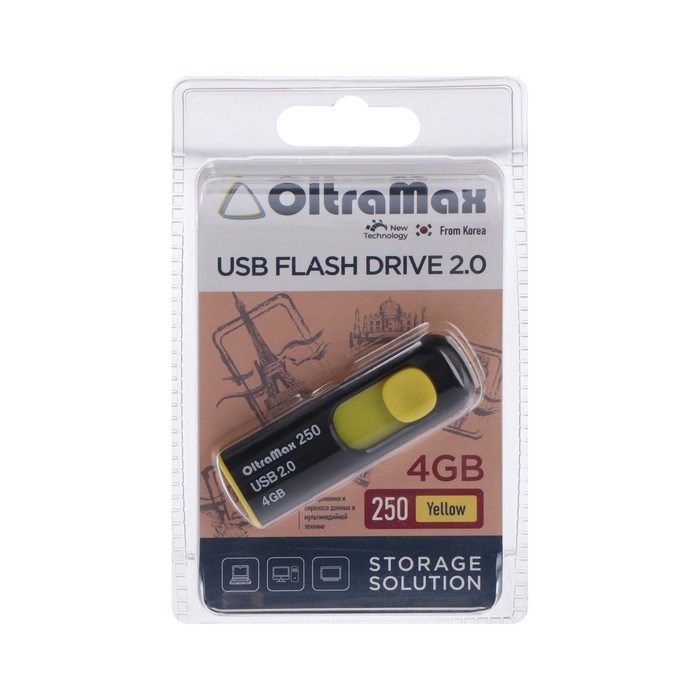 Флешка OltraMax 250, 4 Гб, USB2.0, чт до 15 Мб/с, зап до 8 Мб/с, жёлтая - фото 51373920