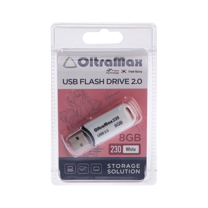 Флешка OltraMax 230, 8 Гб, USB2.0, чт до 15 Мб/с, зап до 8 Мб/с, белая - фото 51373951