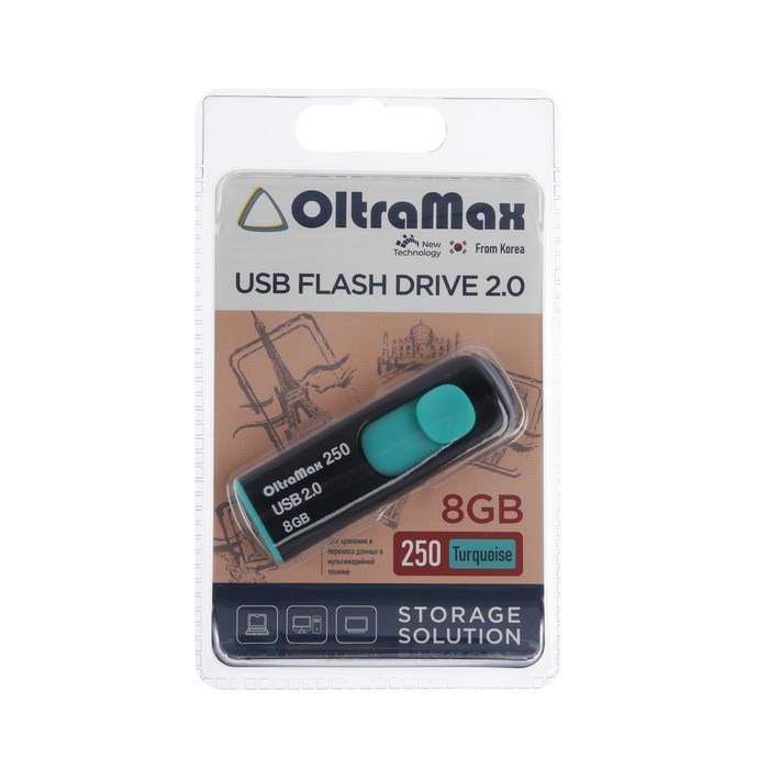 Флешка OltraMax 250, 8 Гб, USB2.0, чт до 15 Мб/с, зап до 8 Мб/с, бирюзовая - фото 51373965