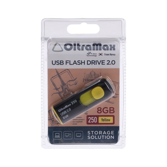 Флешка OltraMax 250, 8 Гб, USB2.0, чт до 15 Мб/с, зап до 8 Мб/с, жёлтая - фото 51373969