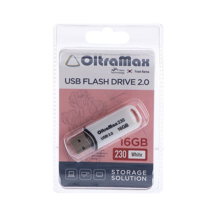 Флешка OltraMax 230, 16 Гб, USB2.0, чт до 15 Мб/с, зап до 8 Мб/с, белая - фото 51373995