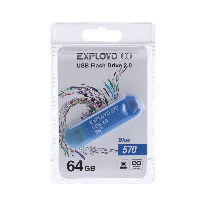 Флешка Exployd 570, 64 Гб, USB2.0, чт до 15 Мб/с, зап до 8 Мб/с, синяя - фото 51374045