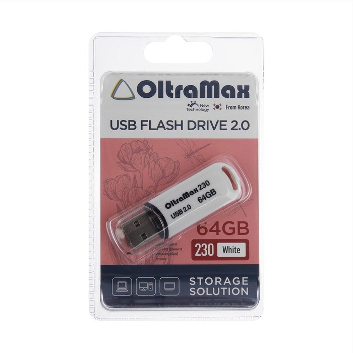 Флешка OltraMax 230, 64 Гб, USB2.0, чт до 15 Мб/с, зап до 8 Мб/с, белая - фото 51374055