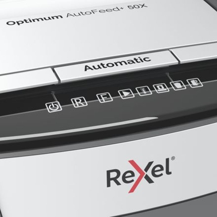 Шредер Rexel Optimum AutoFeed 50X, фрагменты 4х28мм, 50 листов, скрепки, скобы, пл.карты - фото 51374227