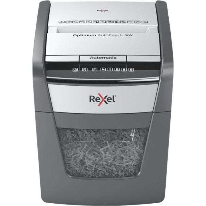 Шредер Rexel Optimum AutoFeed 50X, фрагменты 4х28мм, 50 листов, скрепки, скобы, пл.карты - фото 51374228