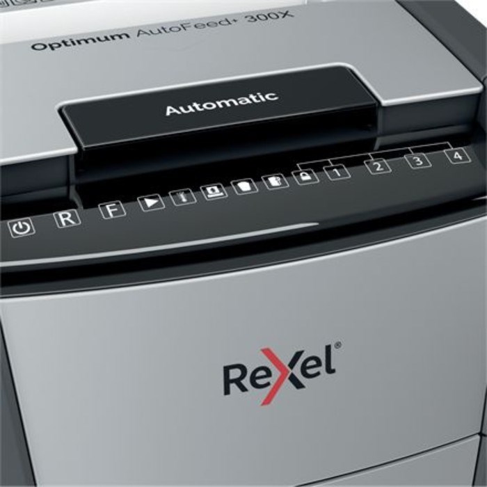 Шредер Rexel Optimum AutoFeed 300X, фрагменты 5х25мм, 300 листов, скрепки, скобы,пл.карты - фото 51374354