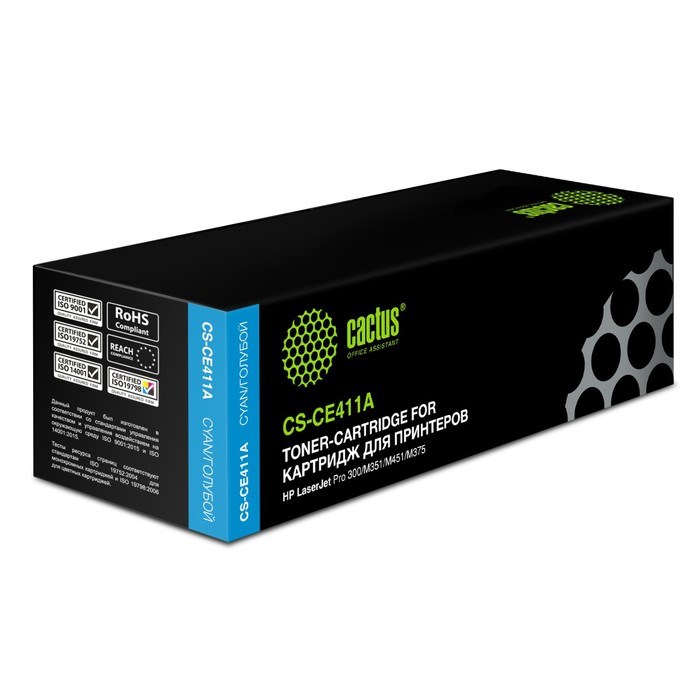 Картридж Cactus CS-CE411A CE411A, для HP LJ Pro 300/M351/M451/M375, 2600 страниц, цвет голубой - фото 51375416 Картридж Cactus CS-CE411A CE411A, для HP LJ Pro 300/M351/M451/M375, 2600 страниц, цвет голубой - фото 51375416