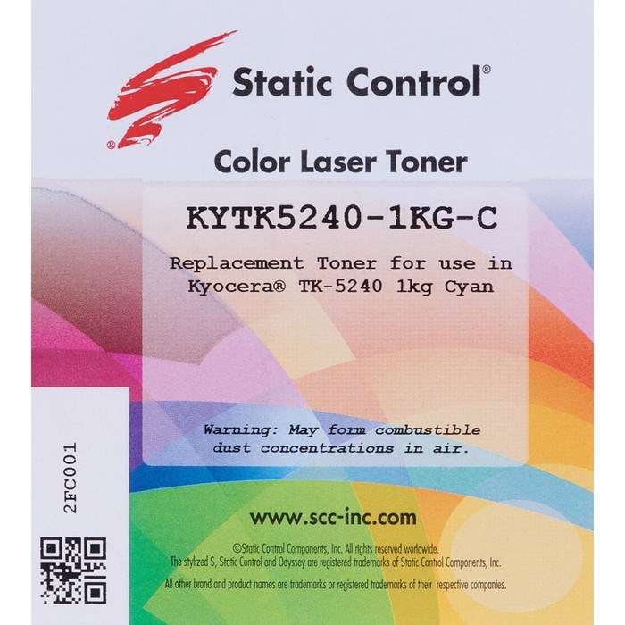 Тонер Static Control KYTK5240-1KG-C, для Kyocera Ecosys-P5026/M5526, флакон 1000гр, голубой - фото 51376826